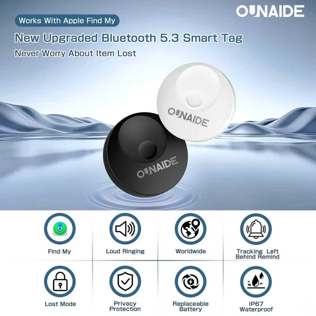 OUNAIDE Air-Tags-2 Pack, Smart Air Tracker Tag, Bluetooth Tracker for Apple Find My (iOS Only), Waterproof Key Finder Tracking Device for Kids Keys Luggage Bags Wallets Pets and More - Black&White