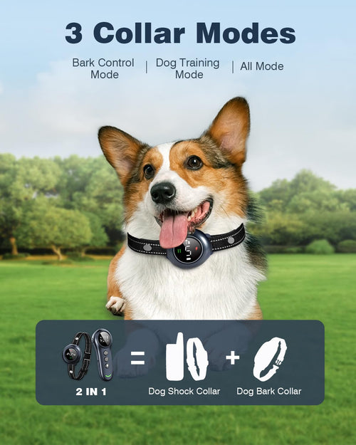 2-in-1 Dog Shock Collar & Dog Bark Collar - Smart Anti Barking Dog Training Collar with 5 Adjustable Sensitivity & 3300FT Remote for All Breeds IP67 Waterproof E-Collar with Beep Vibration Shock