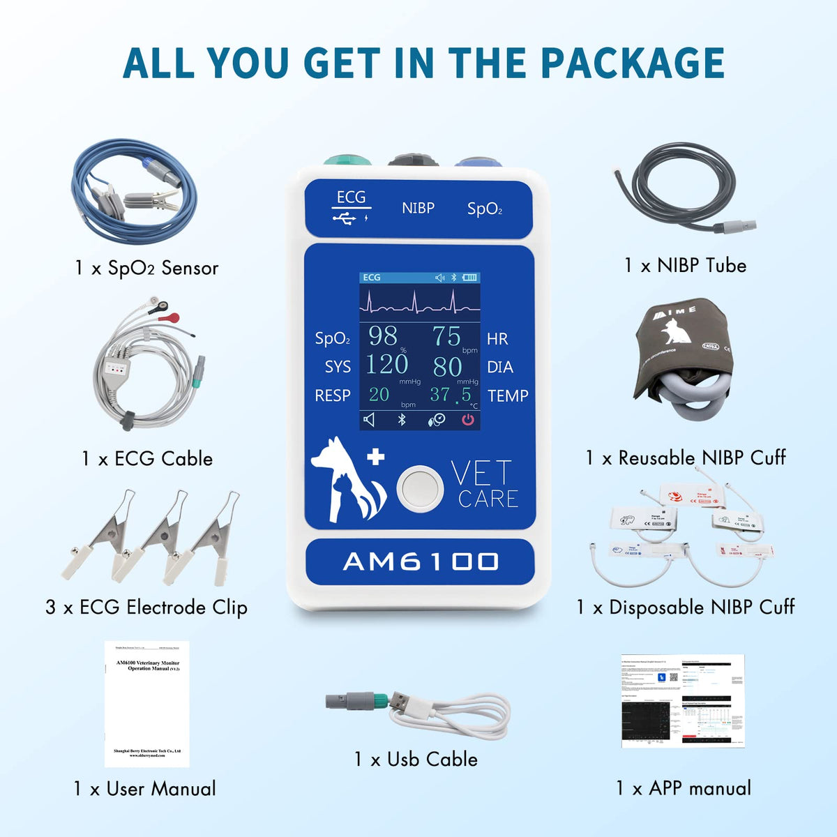 Veterinary Pet Monitor with 6-Parameter Data Storage & Analysis