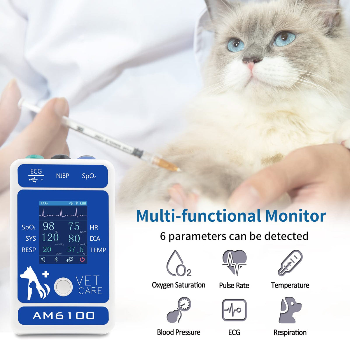 Veterinary Pet Monitor with 6-Parameter Data Storage & Analysis