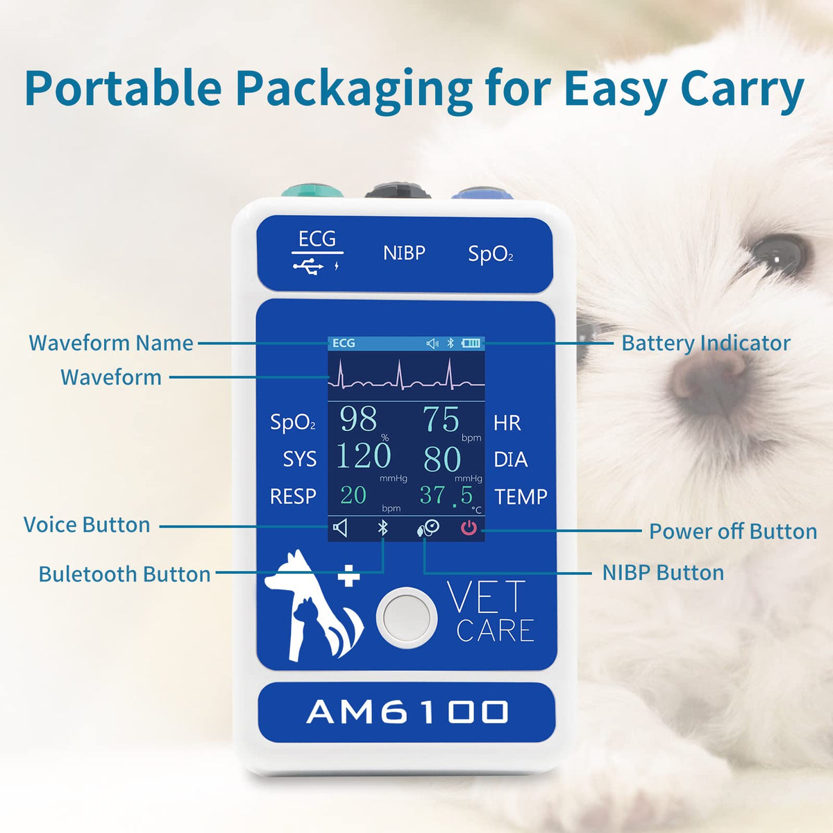 Veterinary Pet Monitor with 6-Parameter Data Storage & Analysis