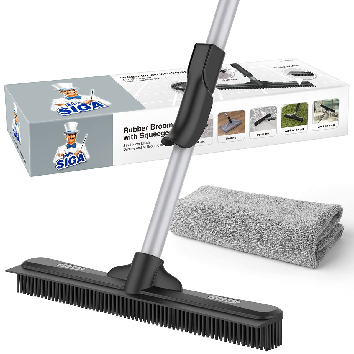 3-in-1 Pet Hair Removal Rubber Broom with Adjustable Handle & Squeegee