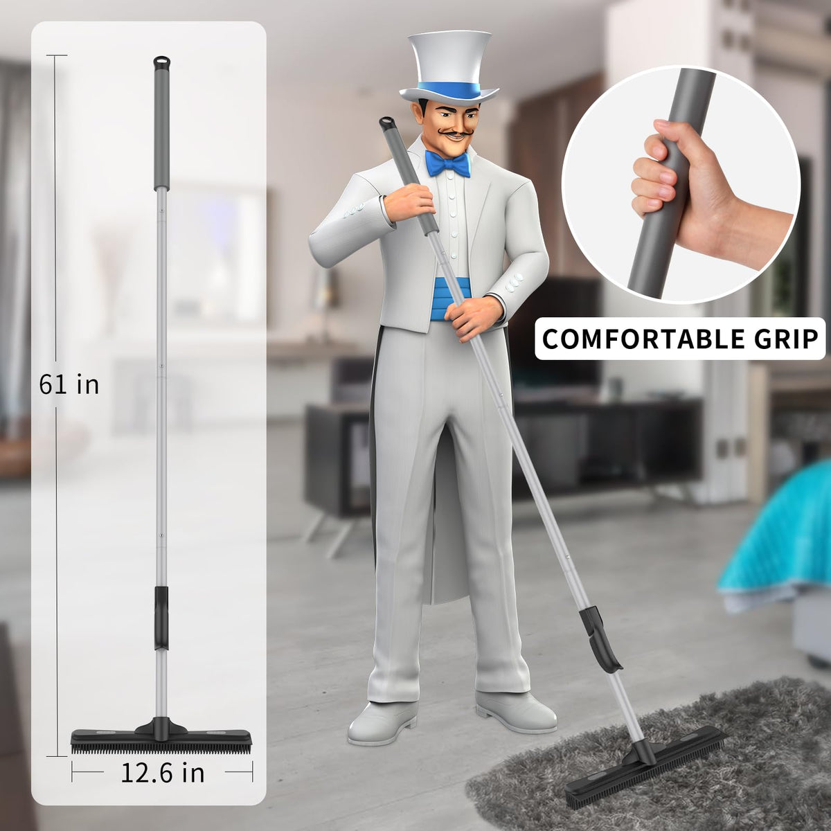 3-in-1 Pet Hair Removal Rubber Broom with Adjustable Handle & Squeegee