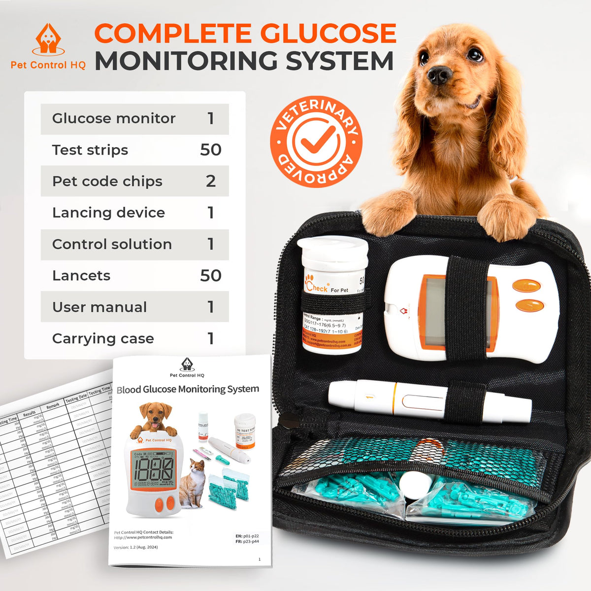 Pet Blood Glucose Monitoring Kit for Dogs & Cats with Test Strips