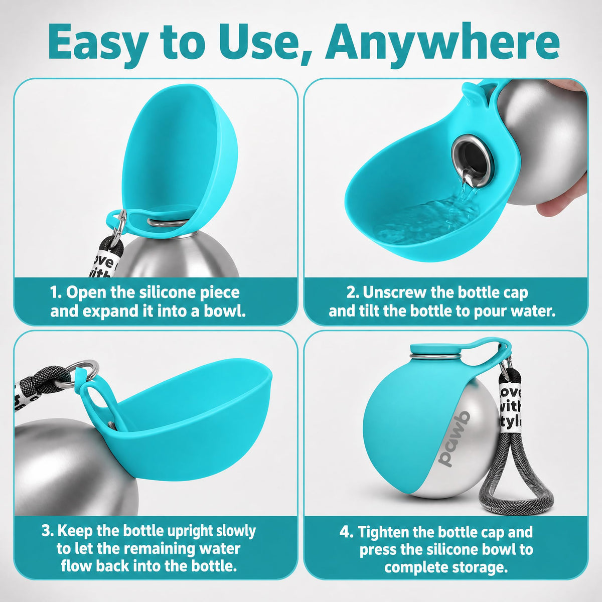 Pawb Pet Bottle Stainless for Small Dogs and Puppies Foldable Silicone Bowl