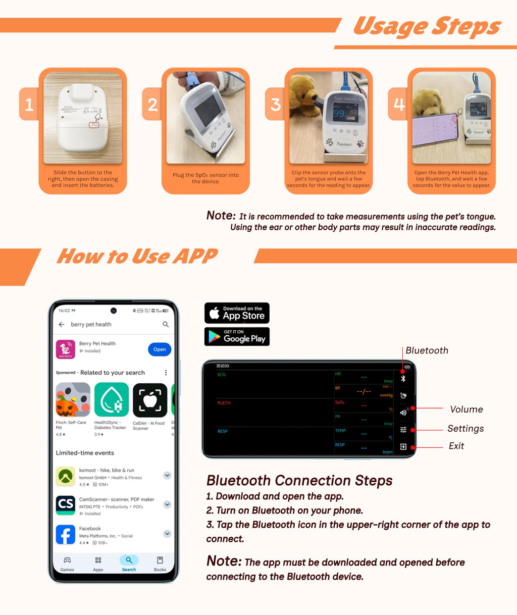 Bluetooth Pet Blood Oxygen & Pulse Rate Monitor with Tongue Probe