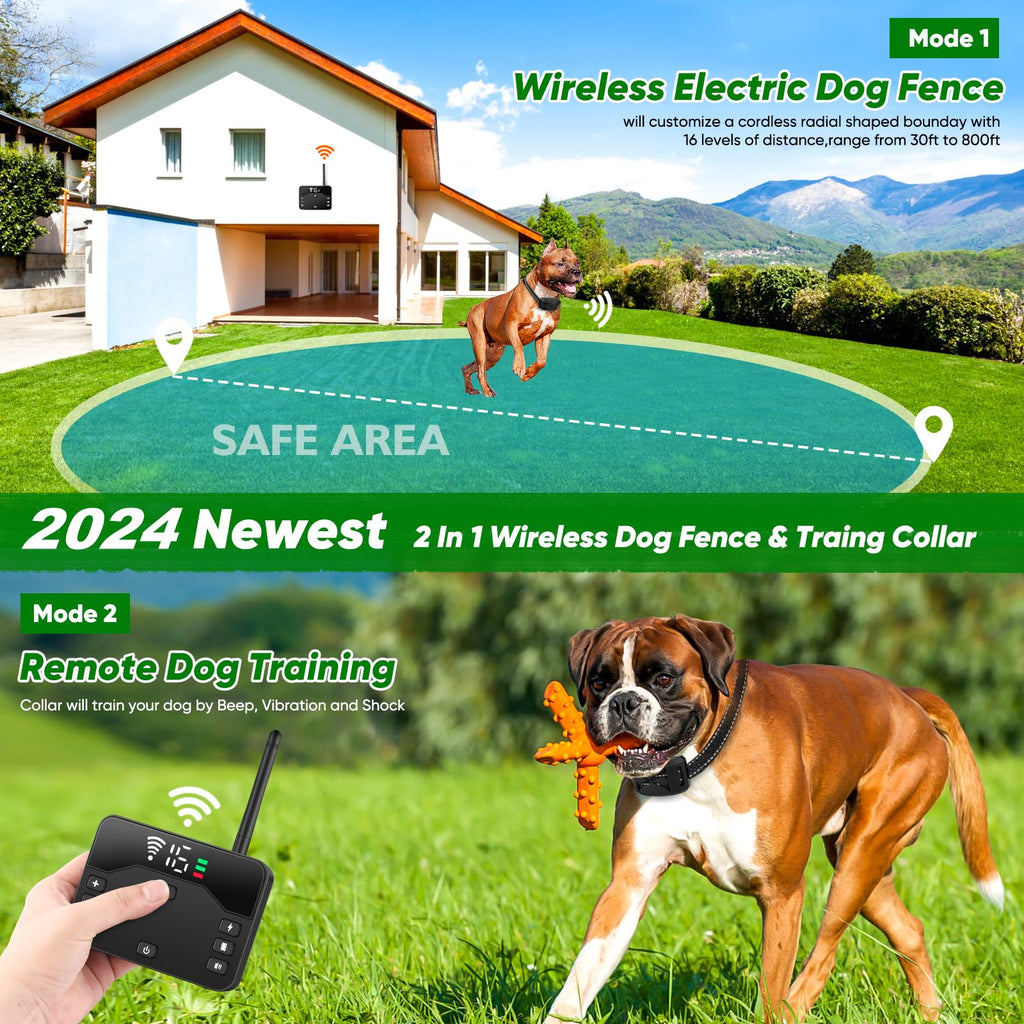 2-in-1 Wireless Dog Fence & Training Collar with Vibration and Shock Modes
