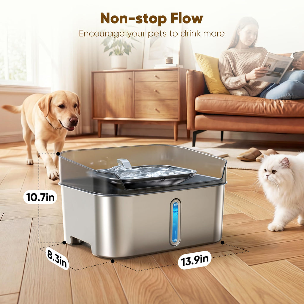 8L Stainless Steel Pet Water Fountain with Ultra-Quiet Pump for Dogs & Cats
