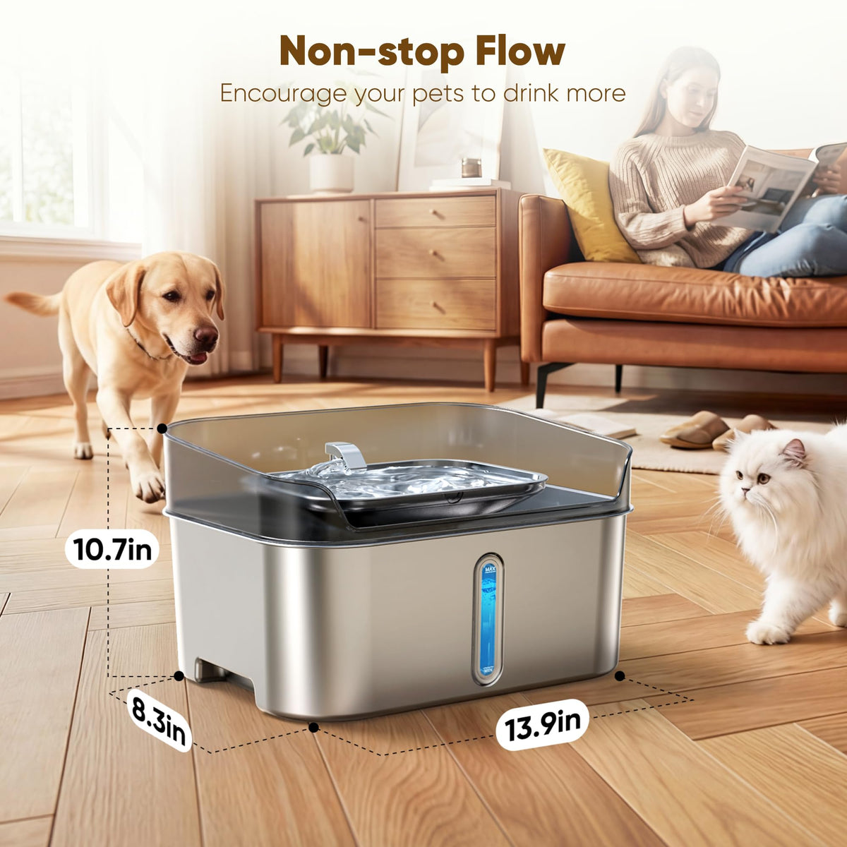 8L Stainless Steel Pet Water Fountain with Ultra-Quiet Pump for Dogs & Cats